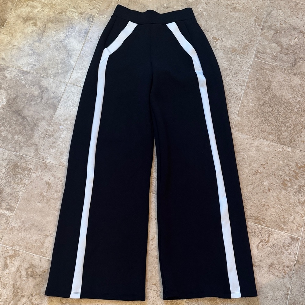 SPANX Black Wide-Leg Pants with White Stripes